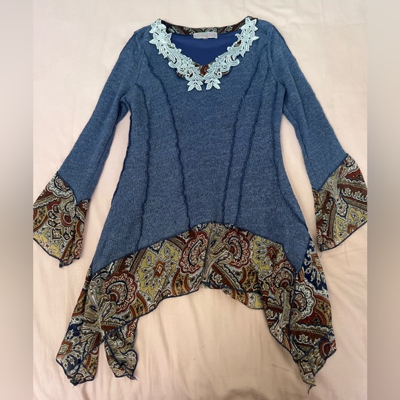 Pretty Angel Tops - Pretty Angel Boho Fairy Navy Knit Tunic with Paisley Trim